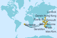 Visitando Perth (Australia), Geraldton (Australia), Exmouth (Australia), Broome (Australia), Darwin (Australia), Lombok (Indonesia), Bali (Indonesia), Islas Komodo (Indonesia), Makassar (Ujung Pandang/Indonesia), Puerto Princesa Palawan (Filipinas), Hong Kong (China)