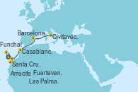 Visitando Las Palmas de Gran Canaria (España), Funchal (Madeira), Santa Cruz de Tenerife (España), Arrecife (Lanzarote/España), Fuerteventura (Canarias/España), Casablanca (Marruecos), Barcelona, Civitavecchia (Roma)