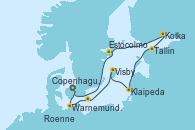 Visitando Copenhague (Dinamarca), Warnemunde (Alemania), Roenne (Dinamarca), Visby (Suecia), Klaipeda (Lituania), Tallin (Estonia), Kotka (Finlandia), Estocolmo (Suecia), Estocolmo (Suecia), Copenhague (Dinamarca)