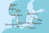 Visitando Warnemunde (Alemania), Gdynia (Polonia), Klaipeda (Lituania), Riga (Letonia), Estocolmo (Suecia), Copenhague (Dinamarca), Warnemunde (Alemania), Bergen (Noruega), Eidfjord (Hardangerfjord/Noruega), Kristiansand (Noruega), Oslo (Noruega), Copenhague (Dinamarca), Warnemunde (Alemania)