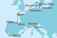Visitando Copenhague (Dinamarca), Karlskrona (Suecia), Warnemunde (Alemania), Rotterdam (Holanda), Brest (Francia), Bilbao (España), Puerto Leixões (Portugal), Málaga, Marsella (Francia), Génova (Italia)
