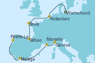 Visitando Warnemunde (Alemania), Rotterdam (Holanda), Brest (Francia), Bilbao (España), Puerto Leixões (Portugal), Málaga, Marsella (Francia), Génova (Italia)