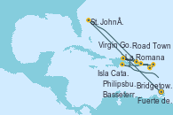 Visitando Bridgetown (Barbados), Fuerte de France (Martinica), St. John´s (Antigua y Barbuda), Road Town (Isla Tórtola/Islas Vírgenes), La Romana (República Dominicana), Virgin Gorda (Islas Virgenes), Philipsburg (St. Maarten), Basseterre (Antillas), Road Town (Isla Tórtola/Islas Vírgenes), Isla Catalina (República Dominicana), La Romana (República Dominicana), Isla Catalina (República Dominicana), Bridgetown (Barbados)