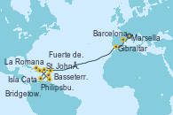 Visitando Marsella (Francia), Barcelona, Gibraltar (Inglaterra), St. John´s (Antigua y Barbuda), Philipsburg (St. Maarten), Basseterre (Antillas), La Romana (República Dominicana), Isla Catalina (República Dominicana), Bridgetown (Barbados), Fuerte de France (Martinica)