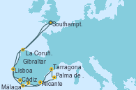 Visitando Southampton (Inglaterra), La Coruña (Galicia/España), Cádiz (España), Málaga, Alicante (España), Palma de Mallorca (España), Tarragona (España), Gibraltar (Inglaterra), Lisboa (Portugal), Southampton (Inglaterra)