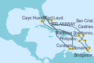 Visitando Fort Lauderdale (Florida/EEUU), Bonaire (Países Bajos), Curacao (Antillas), Curacao (Antillas), RELAXAWAY HALF MOON CAY, Fort Lauderdale (Florida/EEUU), Philipsburg (St. Maarten), Martinica (Antillas), Bridgetown (Barbados), Scarborough (Trinidad & Tobago), Castries (Santa Lucía/Caribe), San Cristóbal y Nieves, Cayo Hueso (Key West/Florida), Fort Lauderdale (Florida/EEUU)