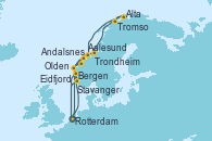 Visitando Rotterdam (Holanda), Eidfjord (Hardangerfjord/Noruega), Olden (Noruega), Aalesund (Noruega), Bergen (Noruega), Rotterdam (Holanda), Aalesund (Noruega), Trondheim (Noruega), Tromso (Noruega), Tromso (Noruega), Alta (Noruega), Alta (Noruega), Andalsnes (Noruega), Bergen (Noruega), Stavanger (Noruega), Rotterdam (Holanda)