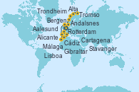 Visitando Rotterdam (Holanda), Aalesund (Noruega), Trondheim (Noruega), Tromso (Noruega), Tromso (Noruega), Alta (Noruega), Alta (Noruega), Andalsnes (Noruega), Bergen (Noruega), Stavanger (Noruega), Rotterdam (Holanda), Lisboa (Portugal), Lisboa (Portugal), Cádiz (España), Málaga, Alicante (España), Cartagena (Murcia), Gibraltar (Inglaterra), Puerto Leixões (Portugal), Rotterdam (Holanda)