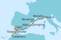 Visitando Barcelona, Cádiz (España), Tánger (Marruecos), Casablanca (Marruecos), Gibraltar (Inglaterra), Málaga, Marsella (Francia), Savona (Italia), Tarragona (España)