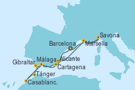 Visitando Barcelona, Málaga, Tánger (Marruecos), Casablanca (Marruecos), Gibraltar (Inglaterra), Cartagena (Murcia), Alicante (España), Marsella (Francia), Savona (Italia), Marsella (Francia), Barcelona