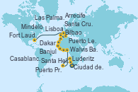 Visitando Ciudad del Cabo (Sudáfrica), Ciudad del Cabo (Sudáfrica), Luderitz (Namibia), Walvis Bay (Namibia), Santa Helena (Océano Atlántico), Santa Helena (Océano Atlántico), Banjul (Gambia), Dakar (Senegal), Puerto Praia (Cabo Verde), Mindelo (Cabo Verde), Santa Cruz de Tenerife (España), Las Palmas de Gran Canaria (España), Arrecife (Lanzarote/España), Casablanca (Marruecos), Lisboa (Portugal), Puerto Leixões (Portugal), Bilbao (España), Burdeos (Francia), Burdeos (Francia), Cherbourg (Francia), Rotterdam (Holanda), Oslo (Noruega), Copenhague (Dinamarca), Copenhague (Dinamarca), Aarhus (Dinamarca), Dover (Inglaterra), San Juan (Puerto Rico), Fort Lauderdale (Florida/EEUU)
