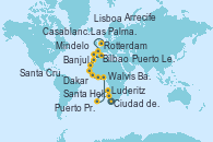 Visitando Ciudad del Cabo (Sudáfrica), Ciudad del Cabo (Sudáfrica), Luderitz (Namibia), Walvis Bay (Namibia), Santa Helena (Océano Atlántico), Santa Helena (Océano Atlántico), Banjul (Gambia), Dakar (Senegal), Puerto Praia (Cabo Verde), Mindelo (Cabo Verde), Santa Cruz de Tenerife (España), Las Palmas de Gran Canaria (España), Arrecife (Lanzarote/España), Casablanca (Marruecos), Lisboa (Portugal), Puerto Leixões (Portugal), Bilbao (España), Burdeos (Francia), Burdeos (Francia), Cherbourg (Francia), Rotterdam (Holanda)