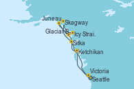 Visitando Seattle (Washington/EEUU), Ketchikan (Alaska), Sitka (Alaska), Skagway (Alaska), Glaciar Bay (Alaska), Icy Strait Point (Alaska), Juneau (Alaska), Victoria (Canadá), Seattle (Washington/EEUU)