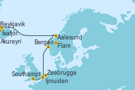 Visitando Reykjavik (Islandia), Ísafjörður (Islandia), Akureyri (Islandia), Aalesund (Noruega), Flam (Noruega), Bergen (Noruega), Ijmuiden (Ámsterdam), Zeebrugge (Bruselas), Southampton (Inglaterra)