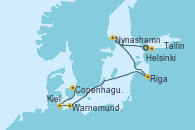 Visitando Helsinki (Finlandia), Tallin (Estonia), Nynashamn (Suecia), Riga (Letonia), Warnemunde (Alemania), Kiel (Alemania), Copenhague (Dinamarca)