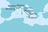 Visitando Civitavecchia (Roma), Salerno (Italia), Catania (Sicilia), Livorno, Pisa y Florencia (Italia), Villefranche (Niza/Mónaco/Francia), Marsella (Francia), Barcelona