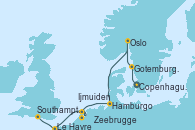 Visitando Copenhague (Dinamarca), Gotemburgo (Suecia), Oslo (Noruega), Hamburgo (Alemania), Hamburgo (Alemania), Ijmuiden (Ámsterdam), Zeebrugge (Bruselas), Le Havre (Francia), Southampton (Inglaterra)