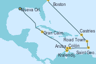 Visitando Nueva Orleans (Luisiana), Gran Caimán (Islas Caimán), Aruba (Antillas), Colón, Kralendijk (Antillas), Saint George (Grenada), Castries (Santa Lucía/Caribe), Road Town (Isla Tórtola/Islas Vírgenes), Boston (Massachusetts)