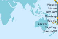 Visitando Papeete (Tahití), Moorea (Tahití), Raiatea (Polinesia Francesa), Bora Bora (Polinesia), Rarotonga (Islas Cook), Pago Pago (Samoa), Apia (Samoa), Apia (Samoa), Dravuni (Fiji), Lautoka (Fiyi)