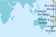 Visitando Lautoka (Fiyi), Dravuni (Fiji), Suva (Fiyi), Apia (Samoa), Arutanga (Aitutaki, Islas Cook), Rarotonga (Islas Cook), Bora Bora (Polinesia), Raiatea (Polinesia Francesa), Moorea (Tahití), Papeete (Tahití)
