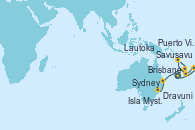 Visitando Lautoka (Fiyi), Savusavu (Islas Fidji), Dravuni (Fiji), Puerto Vila (Vanuatu), Isla Mystery (Vanuatu), Brisbane (Australia), Sydney (Australia)