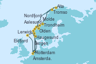 Visitando Rotterdam (Holanda), Aalesund (Noruega), Olden (Noruega), Haugesund (Noruega), Eidfjord (Hardangerfjord/Noruega), Rotterdam (Holanda), Nordfjordeid, Trondheim (Noruega), Tromso (Noruega), Tromso (Noruega), Alta (Noruega), Alta (Noruega), Molde (Noruega), Bergen (Noruega), Lerwick (Escocia), Ámsterdam (Holanda)