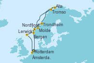 Visitando Rotterdam (Holanda), Nordfjordeid, Trondheim (Noruega), Tromso (Noruega), Tromso (Noruega), Alta (Noruega), Alta (Noruega), Molde (Noruega), Bergen (Noruega), Lerwick (Escocia), Ámsterdam (Holanda)