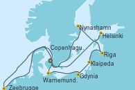 Visitando Copenhague (Dinamarca), Warnemunde (Alemania), Gdynia (Polonia), Klaipeda (Lituania), Riga (Letonia), Nynashamn (Suecia), Zeebrugge (Bruselas), Helsinki (Finlandia)