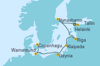 Visitando Helsinki (Finlandia), Tallin (Estonia), Nynashamn (Suecia), Riga (Letonia), Klaipeda (Lituania), Gdynia (Polonia), Warnemunde (Alemania), Copenhague (Dinamarca), Copenhague (Dinamarca)