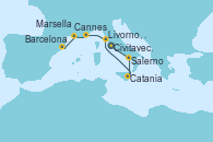 Visitando Civitavecchia (Roma), Salerno (Italia), Catania (Sicilia), Livorno, Pisa y Florencia (Italia), Cannes (Francia), Marsella (Francia), Barcelona