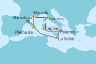 Visitando Barcelona, Palma de Mallorca (España), Marsella (Francia), Livorno, Pisa y Florencia (Italia), Cagliari (Cerdeña), Palermo (Italia), La Valletta (Malta), Barcelona
