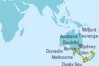 Visitando Sydney (Australia), Eden (Nueva Gales), Burnie (Tasmania/Australia), Melbourne (Australia), Dusky Sound (Nueva Zelanda), Milfjord Sound (Nueva Zelanda), Doubtful Sound (Nueva Zelanda), Dunedin (Nueva Zelanda), Tauranga (Nueva Zelanda), Auckland (Nueva Zelanda)