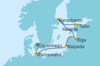 Visitando Copenhague (Dinamarca), Warnemunde (Alemania), Klaipeda (Lituania), Riga (Letonia), Nynashamn (Suecia), Tallin (Estonia), Helsinki (Finlandia)