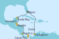 Visitando Miami (Florida/EEUU), Cartagena de Indias (Colombia), Canal Panamá, Colón (Panamá), Puerto Limón (Costa Rica), Roatán (Honduras), Harvest Caye (Belize), Costa Maya (México), Miami (Florida/EEUU)