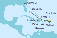 Visitando Jacksonville (Florida/EEUU), Great Stirrup Cay (Bahamas), Puerto Plata, Republica Dominicana, Road Town (Isla Tórtola/Islas Vírgenes), Philipsburg (St. Maarten), Basseterre (Antillas), Charlotte Amalie (St. Thomas), San Juan (Puerto Rico), Jacksonville (Florida/EEUU)