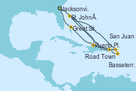 Visitando Jacksonville (Florida/EEUU), Puerto Plata, Republica Dominicana, Road Town (Isla Tórtola/Islas Vírgenes), St. John´s (Antigua y Barbuda), Basseterre (Antillas), San Juan (Puerto Rico), Great Stirrup Cay (Bahamas), Jacksonville (Florida/EEUU)