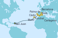 Visitando San Juan (Puerto Rico), Funchal (Madeira), Cádiz (España), Motril (Granada/Andalucía), Cartagena (Murcia), Ibiza (España), Palma de Mallorca (España), Barcelona