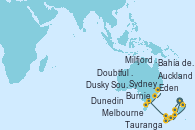 Visitando Auckland (Nueva Zelanda), Bahía de las Islas (Nueva Zelanda), Tauranga (Nueva Zelanda), Dunedin (Nueva Zelanda), Milfjord Sound (Nueva Zelanda), Dusky Sound (Nueva Zelanda), Doubtful Sound (Nueva Zelanda), Melbourne (Australia), Burnie (Tasmania/Australia), Eden (Nueva Gales), Sydney (Australia)