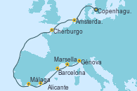 Visitando Copenhague (Dinamarca), Ámsterdam (Holanda), Cherburgo (Francia), Málaga, Alicante (España), Barcelona, Marsella (Francia), Génova (Italia)