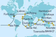 Visitando Fort Lauderdale (Florida/EEUU), Manta (Ecuador), Lima (Callao/Perú), Lima (Callao/Perú), Isla Pascua (Chile), Islas Pitcairn (Pacífico), Papeete (Tahití), Papeete (Tahití), BAHIA D' OPUNOHA, MOOREA, Bora Bora (Polinesia), Apia (Samoa), Savusavu (Islas Fidji), Suva (Fiyi), Lifou (Isla Loyalty/Nueva Caledonia), Nouméa (Nueva Caledonia), Sydney (Australia), Sydney (Australia), AIRLIE BEACH, Townsville, Darwin (Australia), Bali (Indonesia), Bali (Indonesia), Surabaya (Indonesia), Semarang (Java/Indonesia), Singapur, Port Klang (Malasia), Penang (Malasia), Phuket (Tailandia), Hambantota (Sri Lanka), Colombo (Sri Lanka), Malé (Maldivas), Port Louis  (Mauricio), La Possession (Isla de la Reunion/Francia), Port Elizabeth (San Vicente y Granadinas), Ciudad del Cabo (Sudáfrica), Ciudad del Cabo (Sudáfrica), Ciudad del Cabo (Sudáfrica), Luderitz (Namibia), Walvis Bay (Namibia), Santa Helena (Océano Atlántico), Santa Helena (Océano Atlántico), Banjul (Gambia), Dakar (Senegal), Puerto Praia (Cabo Verde), Mindelo (Cabo Verde), Santa Cruz de Tenerife (España), Las Palmas de Gran Canaria (España), Arrecife (Lanzarote/España), Casablanca (Marruecos), Lisboa (Portugal), Puerto Leixões (Portugal), Bilbao (España), Burdeos (Francia), Burdeos (Francia), Cherbourg (Francia), Rotterdam (Holanda), Oslo (Noruega), Copenhague (Dinamarca), Copenhague (Dinamarca), Aarhus (Dinamarca), Dover (Inglaterra), San Juan (Puerto Rico), Fort Lauderdale (Florida/EEUU)