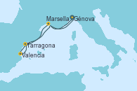 Visitando Génova (Italia), Marsella (Francia), Tarragona (España), Valencia, Tarragona (España), Marsella (Francia), Génova (Italia)