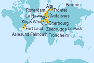 Visitando Rotterdam (Holanda), Aalesund (Noruega), Trondheim (Noruega), Tromso (Noruega), Tromso (Noruega), Alta (Noruega), Alta (Noruega), Andalsnes (Noruega), Bergen (Noruega), Lerwick (Escocia), Rotterdam (Holanda), Zeebrugge (Bruselas), Le Havre (Francia), Cherbourg (Francia), Falmouth (Gran Bretaña), Kings Wharf (Bermudas), Fort Lauderdale (Florida/EEUU)