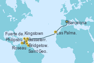 Visitando Barcelona, Las Palmas de Gran Canaria (España), Philipsburg (St. Maarten), Basseterre (Antillas), Roseau (Dominica), Bridgetown (Barbados), Saint George (Grenada), Kingstown (Granadinas), Fuerte de France (Martinica)