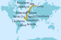 Visitando Dover (Inglaterra), Rotterdam (Holanda), Casablanca (Marruecos), Agadir (Marruecos), Arrecife (Lanzarote/España), Santa Cruz de Tenerife (España), Las Palmas de Gran Canaria (España), Lisboa (Portugal), Dover (Inglaterra), Rotterdam (Holanda), Aalesund (Noruega), Andalsnes (Noruega), Trondheim (Noruega), Tromso (Noruega), Tromso (Noruega), Alta (Noruega), Alta (Noruega), KRISTIANSUND, Bergen (Noruega), Rotterdam (Holanda)