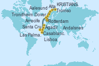 Visitando Rotterdam (Holanda), Casablanca (Marruecos), Agadir (Marruecos), Arrecife (Lanzarote/España), Santa Cruz de Tenerife (España), Las Palmas de Gran Canaria (España), Lisboa (Portugal), Dover (Inglaterra), Rotterdam (Holanda), Aalesund (Noruega), Andalsnes (Noruega), Trondheim (Noruega), Tromso (Noruega), Tromso (Noruega), Alta (Noruega), Alta (Noruega), KRISTIANSUND, Bergen (Noruega), Rotterdam (Holanda)