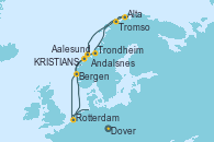 Visitando Dover (Inglaterra), Rotterdam (Holanda), Aalesund (Noruega), Andalsnes (Noruega), Trondheim (Noruega), Tromso (Noruega), Tromso (Noruega), Alta (Noruega), Alta (Noruega), KRISTIANSUND, Bergen (Noruega), Rotterdam (Holanda)