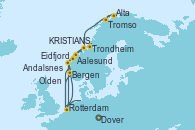 Visitando Dover (Inglaterra), Rotterdam (Holanda), Aalesund (Noruega), Andalsnes (Noruega), Trondheim (Noruega), Tromso (Noruega), Tromso (Noruega), Alta (Noruega), Alta (Noruega), KRISTIANSUND, Bergen (Noruega), Rotterdam (Holanda), Eidfjord (Hardangerfjord/Noruega), Olden (Noruega), Aalesund (Noruega), Bergen (Noruega), Rotterdam (Holanda)