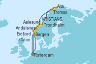 Visitando Rotterdam (Holanda), Eidfjord (Hardangerfjord/Noruega), Olden (Noruega), Aalesund (Noruega), Bergen (Noruega), Rotterdam (Holanda), Aalesund (Noruega), Andalsnes (Noruega), Trondheim (Noruega), Tromso (Noruega), Tromso (Noruega), Alta (Noruega), Alta (Noruega), KRISTIANSUND, Bergen (Noruega), Rotterdam (Holanda)