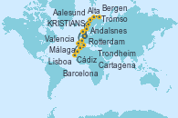 Visitando Rotterdam (Holanda), Aalesund (Noruega), Andalsnes (Noruega), Trondheim (Noruega), Tromso (Noruega), Tromso (Noruega), Alta (Noruega), Alta (Noruega), KRISTIANSUND, Bergen (Noruega), Rotterdam (Holanda), Lisboa (Portugal), Lisboa (Portugal), Cádiz (España), Málaga, Barcelona, Valencia, Cartagena (Murcia), Gibraltar (Inglaterra), Rotterdam (Holanda)