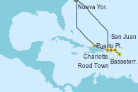 Visitando Nueva York (Estados Unidos), Road Town (Isla Tórtola/Islas Vírgenes), Basseterre (Antillas), Charlotte Amalie (St. Thomas), San Juan (Puerto Rico), Puerto Plata, Republica Dominicana, Nueva York (Estados Unidos)